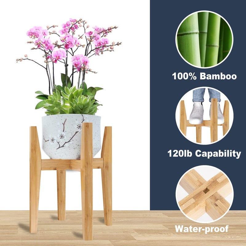OERGKE 2 PACK Adjustable Plant Stand Indoor  Bamboo Mid Century Modern Plants Stands  Corner Flower Holder for Living Room  Fits 8 to 12 Inches Pots  (Pot & Plant Not Included)(Nature) - Image 2